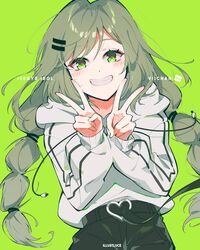  belt blush braid brown_hair female green_background green_eyes heart highres hood hoodie illustluce korean_commentary long_hair long_sleeves looking_at_viewer pale_skin pants smile solo twin_braids v viichan virtual_youtuber waktaverse 