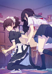  2girls bag black_hair black_legwear blue_eyes brown_eyes brown_hair cleaning clothes_lift commentary dress dress_lift haruka_(kagawa_yuusaku) highres indoors kagawa_yuusaku kneeling long_hair looking_at_another looking_back maid maid_headdress miu_(kagawa_yuusaku) multiple_girls original pantyhose plastic_bag school_uniform serafuku short_hair yuri 