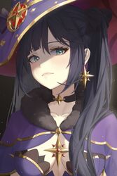  black_choker black_hair blue_capelet blue_hat blush breasts capelet choker cleavage collarbone earrings expressionless eyebrows_hidden_by_hair female genshin_impact green_eyes hat head_tilt highres jewelry kongsi looking_down mona_(genshin_impact) portrait small_breasts solo twintails witch_hat 