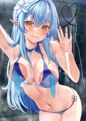  against_glass arm_up bangs bikini blue_hair blush breasts closed_mouth collarbone elf eyebrows_visible_through_hair female flower hair_between_eyes hair_flower hair_ornament highres hololive large_breasts lips long_hair looking_at_viewer md5_mismatch navel pointy_ears resolution_mismatch saruei skindentation smile solo source_smaller swimsuit virtual_youtuber wet yellow_eyes yukihana_lamy 