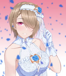  bare_shoulders blue_flower blue_rose blush braid breasts bridal_veil brown_hair cleavage dress female flower frozen-sad gloves grin hair_flower hair_ornament hair_over_one_eye highres honkai_(series) honkai_impact_3rd looking_at_viewer petals purple_eyes rita_rossweisse rita_rossweisse_(artemis) rose short_hair smile solo teeth veil wedding_dress white_dress white_gloves 