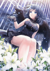  angel angel_wings bare_arms bare_legs bare_shoulders birdcage black_dress black_veil black_wings blue_background blue_eyes blue_hair breasts cage commentary_request confetti dress feathered_wings female flower gloves gradient_background grey_gloves halo hand_up in_cage legs legs_together lily_(flower) long_hair looking_to_the_side masuishi_kinoto medium_breasts original parted_lips sidelocks sleeveless sleeveless_dress solo sparkle veil white_flower white_lily wings 