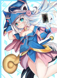  absurdres ahoge animal_ears black_thighhighs blue_dress blue_gloves blush braid breasts card cleavage collarbone commentary_request cosplay dark_magician_girl dark_magician_girl_(cosplay) dress female fingerless_gloves floating_hair fox_ears fox_girl fox_tail gloves green_eyes hair_between_eyes hand_on_headwear hand_up hat highres hololive long_hair looking_at_viewer medium_breasts pelvic_curtain shirakami_fubuki showgirl_skirt sidelocks single_braid solo soma443 sparkle staff tail thighhighs virtual_youtuber wavy_mouth white_hair yu-gi-oh! 