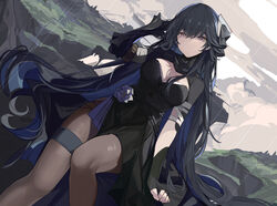  absurdres bandages black_dress black_hair blue_hair breasts dress female flower hair_between_eyes highres long_hair medium_breasts mountain pantyhose prosthesis prosthetic_arm punishing:_gray_raven selena:_capriccio_(punishing:_gray_raven) selena_(punishing:_gray_raven) slm solo 