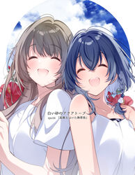  2girls :d ^_^ blue_hair blue_sky blush braid brown_hair closed_eyes cloud cloudy_sky commentary_request flower happy highres long_hair misakino_kukuru miyazawa_fuuka multiple_girls open_mouth promotional_art red_flower shell_hair_ornament shiroi_suna_no_aquatope shirt short_hair single_braid sky smile teeth u35 vest white_shirt white_vest 