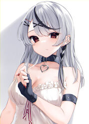  absurdres arm_strap black_collar black_gloves black_hair braid breasts closed_eyes closed_mouth collar ear_piercing female fingernails gloves grey_hair hair_ornament hairclip highres hololive kanae_(inorin05kanae) large_breasts long_hair looking_at_viewer nail_polish piercing red_eyes red_nails sakamata_chloe sakamata_chloe_(1st_costume) shirt simple_background solo upper_body virtual_youtuber white_background white_shirt x_hair_ornament 