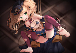  bare_shoulders barefoot blonde_hair bondage bondage bound breasts coat feet female full_body green_eyes hat highres looking_at_viewer magical_girl monika_weisswind onasuba open_mouth panties peaked_cap princess_connect! ribbon school_uniform skirt small_breasts soles solo st._theresa&#039;s_girls_academy_school_uniform suspension thighhighs toes torn_clothes torn_thighhighs twintails underwear 