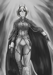  arm_at_side black_eyes breasts cape commentary_request female gloves hair_between_eyes highres large_breasts looking_at_viewer made_in_abyss monochrome multicolored_hair ozen short_hair shzsntma smirk solo 