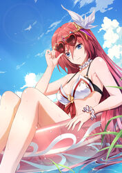  adjusting_eyewear afloat alexiel_(summer)_(granblue_fantasy) bikini bikini_skirt blue_eyes breasts choker closed_mouth cloud collarbone commentary_request day eyewear_on_head feet_out_of_frame female frilled_choker frills godsworn_alexiel granblue_fantasy hair_ornament heart heart-shaped_eyewear highres innertube jiman lens_flare lips long_hair looking_at_viewer medium_breasts o-ring o-ring_top outdoors red_hair sky smile solo sparkle swim_ring swimsuit transparent wet wet_hair white_bikini 