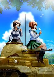  2girls bird black_neckerchief black_skirt black_socks blouse blue_sky branch brown_eyes brown_footwear brown_hair closed_mouth cloud cloudy_sky commentary dappled_sunlight day dress_shirt eating food girls_und_panzer green_skirt grey_shirt highres holding holding_food insignia kneehighs kuromorimine_school_uniform leaf loafers long_sleeves looking_to_the_side military military_vehicle miniskirt motor_vehicle multiple_girls nabe_puyo neckerchief nishizumi_maho nishizumi_miho ooarai_school_uniform open_mouth outdoors panzer_ii pleated_skirt popsicle sailor_collar school_uniform serafuku shirt shoes short_hair siblings sisters sitting skirt sky smile socks sunlight tank white_sailor_collar white_shirt wing_collar 