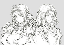  2girls armor brigid_(fire_emblem) circlet closed_mouth edain_(fire_emblem) fire_emblem fire_emblem:_genealogy_of_the_holy_war greyscale headband monochrome multiple_girls shoulder_armor siblings signature simple_background sisters suzuki_rika twins upper_body wavy_hair 