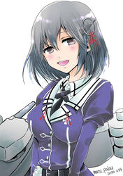  black_hair brown_eyes cannon commentary_request dated female haguro_(kancolle) haguro_kai_ni_(kancolle) hair_ornament highres kantai_collection looking_at_viewer machinery matsuura@parao military military_uniform one-hour_drawing_challenge open_mouth short_hair simple_background solo teeth turret twitter_username uniform upper_body upper_teeth_only white_background 