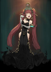  :d absurdres bandaged_arm bandages bare_shoulders black_dress breasts brown_hair cleavage commentary covered_navel dress earrings egyptian egyptian_mythology female full_body groin hair_ornament highres horus_(mythology) jewelry long_hair looking_at_viewer oerba_yun_fang open_mouth romana side_slit skin_fang smile solo standing twintails very_long_hair yellow_eyes 