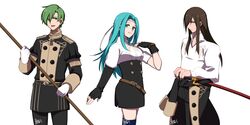  2boys abel_(fire_emblem) aqua_hair belt black_hair closed_mouth commentary_request female fingerless_gloves fiora_(fire_emblem) fire_emblem fire_emblem:_mystery_of_the_emblem fire_emblem:_the_blazing_blade fire_emblem:_three_houses garreg_mach_monastery_uniform gloves green_eyes green_hair highres holding long_hair long_sleeves multiple_boys navarre_(fire_emblem) open_mouth polearm scabbard sheath sheathed short_hair simple_background sword uniform weapon white_background white_gloves yusya6_fe 