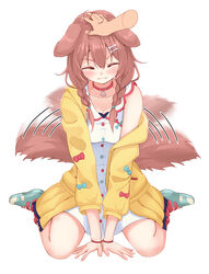  :3 ^_^ absurdres afterimage animal_collar animal_ears bare_legs bare_shoulders blue_bow blue_footwear blush bone_hair_ornament bow braid breasts brown_hair closed_eyes closed_mouth collar collarbone commentary_request disembodied_hand dog_ears dog_girl dog_tail facing_viewer female full_body hair_ornament headpat highres hololive inugami_korone inugami_korone_(1st_costume) jacket long_hair medium_breasts motion_lines nyoon off_shoulder open_clothes open_jacket red_bow shirt simple_background sitting smile solo tail tail_wagging twin_braids v-shaped_eyebrows virtual_youtuber wariza white_background white_shirt wristband yellow_jacket 