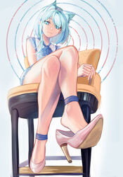  alternate_costume animal_ears ankle_ribbon arknights blue_dress blue_eyes blue_hair blue_ribbon commentary_request crossed_legs dated dress female frilled_dress frills high_heels highres kal&#039;tsit_(arknights) leg_ribbon legs miuli_absurd no_socks ribbon shoe_dangle short_hair signature sitting thighs 