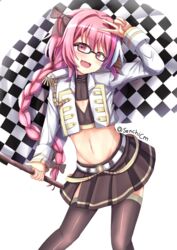  1boy alternate_costume astolfo_(fate) black_bow black_thighhighs bow braid checkered_flag cleavage_cutout clothing_cutout cosplay crop_top epaulettes fate/apocrypha fate_(series) flag glasses hair_intakes hairbow hand_on_own_hip hat highres holding jacket jeanne_d&#039;arc_(fate) jeanne_d&#039;arc_(type-moon_racing)_(fate) jeanne_d&#039;arc_(type-moon_racing)_(fate)_(cosplay) long_hair male_focus midriff multicolored_hair navel oerba_yun_fang open_mouth otoko_no_ko pectoral_cleavage pectorals pink_hair purple_eyes race_queen senchimee single_braid skirt smile solo streaked_hair thighhighs white_background 