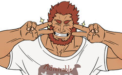  1boy beard blush closed_mouth double_v emotional_engine_-_full_drive facial_hair fate/grand_order fate/zero fate_(series) feiya6022 hands_up highres iskandar_(fate) looking_at_viewer male_focus mature_male muscular muscular_male parody pectorals red_hair shirt short_hair simple_background smile solo sparkle star_(symbol) t-shirt upper_body v white_background 