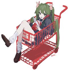  absurdres artist_name budo_(budoboros) cellphone cradling_phone cup disposable_cup drinking_straw eri_(0mot) female frown full_body green_eyes green_hair green_neckwear hair_intakes hair_ornament highres in_shopping_cart loafers long_hair long_sleeves loose_socks lying on_back open_mouth original panties panty_peek phone pleated_skirt rabbit_hair_ornament sailor_collar school_uniform serafuku shoes shopping_cart signature simple_background skirt socks solo talking_on_phone twintails underwear v-shaped_eyebrows very_long_hair white_socks 