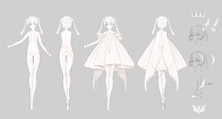  absurdres ankle_wings bare_shoulders closed_mouth collarbone commentary dot_nose dress fake_wings female fingernails grey_background grey_eyes hatsune_miku highres long_eyelashes long_fingernails long_hair multiple_views navel reference_sheet simple_background tent_dress thigh_gap thighhighs trapeze_dress twintails underwear vocaloid white_dress white_footwear white_hair white_legwear wings yoggi_(stretchmen) 