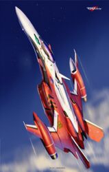  aircraft airplane asterozoa canopy_(aircraft) character_name cloud commentary copyright_name fighter_jet flying jet logo macross macross_frontier macross_frontier:_sayonara_no_tsubasa military military_vehicle motion_blur no_humans science_fiction sky solo variable_fighter vehicle_focus yf-29 