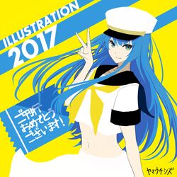  2017 aqua_eyes bangs black_sailor_collar blue_hair chef_no_kimagure_salad crop_top female flat_color hand_up illustration.media long_hair midriff navel neckerchief original sailor_collar shirt short_sleeves skirt solo upper_body v white_headwear white_shirt white_skirt yellow_neckwear 