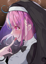  absurdres ahoge asphalt494 black_nails blue_hair blush braid breasts commentary_request female from_side habit halo hand_up highres hololive kamippoina_(vocaloid) large_breasts licking licking_finger long_hair looking_away minato_aqua multicolored_hair nail_polish nun official_alternate_costume open_mouth pink_hair purple_eyes solo streaked_hair tongue tongue_out two-tone_hair upper_body veil virtual_youtuber 