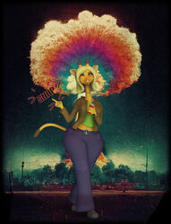  3d_(artwork) absurd_res blonde_hair blue_bottomwear blue_clothing blue_lips blue_pants bottomwear brown_clothing brown_jacket brown_topwear clothing cloud container cup digital_media_(artwork) drinking drinking_straw explosion female giraffe giraffid green_clothing green_eyes green_shirt green_topwear hair hi_res jacket lips long_neck mammal midriff mushroom_cloud navel nivie_mielentuli pants peace_symbol shirt siakstuff silly_straw snapping_fingers solo straw_(disambiguation) topwear wide_hips yellow_body 