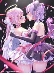  2girls absurdres angel angel_and_devil angel_wings bare_shoulders black_dress black_gloves blush bow breasts cherry choker demon demon_girl demon_horns demon_wings dress elbow_gloves feathered_wings food frills fruit gloves grabbing hair_ribbon halo highres holding_another&#039;s_wrist horns long_hair looking_at_another mini_wings multiple_girls open_mouth original pink_hair purple_eyes purple_hair ribbon sharing_food small_breasts thighhighs twintails white_dress white_gloves white_wings wings yuri yuyuko_(yuyucocco) 