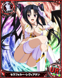  arm_up armpits ass bare_shoulders black_hair breasts card_(medium) chess_piece choker demon_girl demon_wings elbow_gloves female gloves hair_between_eyes heart high_school_dxd king_(chess) large_breasts looking_at_viewer official_art open_mouth panties purple_eyes serafall_leviathan sleeveless solo thighhighs tongue torn_clothes twintails underwear wings 