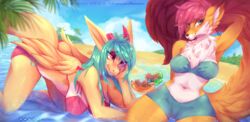  absurd_res angeliic_dragon_(piiunivers) anthro beach belly bikini blue_hair blush blush_lines breasts broken_horn canid canine clothing dragon duo eye_scar facial_scar feathered_wings feathers female feral fluffy fluffy_tail fox fur green_eyes group hair hi_res horn island kneeling lagomorph landscape_background leporid long_tail looking_at_viewer makeup mammal mei_(piiunivers) mythological_creature mythological_scalie mythology navel orange_body orange_fur palm_tree piiunivers pink_eyes pink_hair plant pool_toy rabbit scalie scar seaside shy sitting skye_(piiunivers) smile smiling_at_viewer summer swimwear tail tree trio water wings 