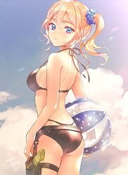  ass ball beachball bikini black_bikini blonde_hair blue_eyes blue_scrunchie blue_sky breasts cloud cowboy_shot female from_behind gun hair_ornament hair_scrunchie hayasaka_ai holster kaguya-sama_wa_kokurasetai_~tensai-tachi_no_renai_zunousen~ layered_bikini looking_at_viewer looking_back nyan5000 outdoors scrunchie side_ponytail sky solo swimsuit water_gun weapon 