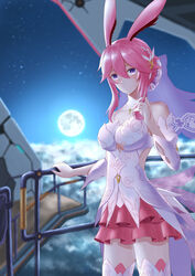  absurdres animal_ears bare_shoulders breasts bridal_veil cleavage cloud cloudy_sky dress female fox_ears frozen-sad full_moon grin hair_between_eyes hair_ornament hand_on_railing highres honkai_(series) honkai_impact_3rd indoors looking_at_viewer looking_back moon night night_sky pink_hair purple_eyes sky smile solo thighhighs veil wedding_dress white_dress white_sleeves white_thighhighs yae_sakura yae_sakura_(flame_sakitama) 