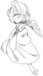  ahoge alastor1211 bow bowtie capelet cyclops feathered_wings female from_side greyscale highres looking_at_viewer mini_wings monochrome one-eyed original outstretched_arm raised_eyebrows simple_background solo translation_request white_background wings 