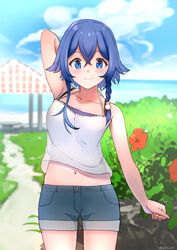  absurdres arm_up artist_name bad_id bad_pixiv_id bitween0908 blue_eyes blue_sky blurry blurry_background braid cloud day female flower hair_between_eyes hair_ornament highres looking_at_viewer midriff misakino_kukuru navel outdoors path pavilion shiroi_suna_no_aquatope shirt shorts sky smile solo white_shirt 