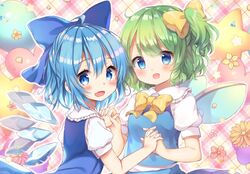  2girls bad_id bad_pixiv_id blue_bow blue_eyes blue_hair blush bow cirno coa_(chroo_x) collaboration commentary_request daiyousei flower green_hair hairbow heart highres honoka_chiffon ice ice_wings interlocked_fingers looking_at_viewer multiple_girls open_mouth plaid plaid_background puffy_short_sleeves puffy_sleeves short_hair short_sleeves side_ponytail smile star_(symbol) touhou upper_body wings 