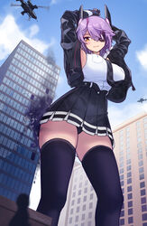  absurdres aircraft arms_up ass_shake black_jacket black_panties black_skirt black_thighhighs blush breasts building city commission destruction eyepatch female frilled_skirt frills from_below giant giantess gloves grin helicopter highres jacket kantai_collection large_breasts open_clothes open_jacket outdoors panties partially_fingerless_gloves purple_hair shattered short_hair size_difference skirt smile smoke solo_focus tenryuu_(kancolle) tenryuu_kai_ni_(kancolle) thighhighs underwear vest white_vest yellow_eyes zenougts 