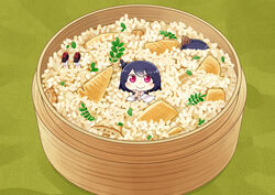  2others bamboo_shoot black_hair blush chibi commentary_request female food hair_ornament hinata_yuu in_bowl in_container in_food kantai_collection leaf long_sleeves looking_at_viewer mini_person minigirl multiple_others oversized_object photoshop_(medium) red_eyes rice shoes short_hair smile upside-down yamashiro_(kancolle) 