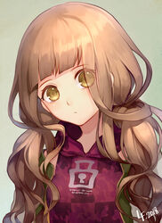  blonde_hair blunt_bangs blush closed_mouth commentary_request dated female green_background hood hood_down hoodie lf_(paro) long_hair looking_at_viewer photoshop_(medium) reality_arc_(sinoalice) red_hoodie red_riding_hood_(sinoalice) sidelocks simple_background sinoalice solo twintails upper_body wavy_hair yellow_eyes 