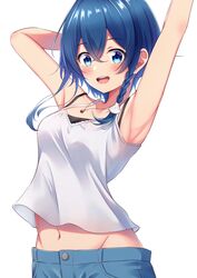  :d arm_behind_head armpits arms_up blue_eyes blue_hair blush braid denim denim_shorts female hair_between_eyes highres jewelry looking_at_viewer midriff misakino_kukuru miso_(misomiso_154) navel necklace open_mouth shell_hair_ornament shiroi_suna_no_aquatope short_hair shorts simple_background single_braid smile solo teeth upper_teeth_only vest white_background white_vest 