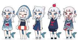  5girls absurdres alternate_costume animal_costume animal_ears animal_hood bad_id bad_twitter_id bag blood blood_on_clothes blood_on_face blood_on_hands bloop_(gawr_gura) blue_eyes blue_hair blue_hoodie blue_one-piece_swimsuit blue_sailor_collar blue_skirt blunt_bangs buttons cat_ears channel_(_caststation) commentary cube_hair_ornament dark_persona fins fish_tail frilled_sleeves frills gawr_gura gawr_gura_(casual) grey_hair hair_ornament handbag highres holding holding_swim_ring hololive hololive_english hood hoodie innertube long_sleeves medium_hair miniskirt multicolored_hair multiple_girls multiple_persona name_tag neckerchief official_alternate_costume old_school_swimsuit one-piece_swimsuit open_mouth pleated_skirt red_eyes red_hair reflect_(gawr_gura) sailor_collar sandals school_swimsuit school_uniform serafuku shark_costume shark_girl shark_hair_ornament shark_hood shark_print shark_tail sharp_teeth shirt shoes short_sleeves side_ponytail sidelocks skirt skirt_set sleeves_past_wrists sneakers streaked_hair suspenders swim_ring swimsuit tail tearing_up teeth tongue tongue_out torn_clothes two_side_up virtual_youtuber white_footwear white_shirt wide_sleeves 