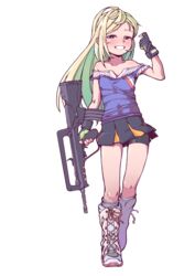  assault_rifle bare_shoulders bike_shorts bike_shorts_under_skirt blonde_hair blue_eyes blush boots bullpup contrapposto cross-laced_footwear famas famas_(forest_whisperer_and_birds)_(girls&#039;_frontline) famas_(girls&#039;_frontline) female fingerless_gloves full_body girls&#039;_frontline gloves grey_socks gun highres jarv knee_boots lace-up_boots long_hair looking_at_viewer loose_socks pointing pointing_at_self rifle smile socks solo weapon white_background 