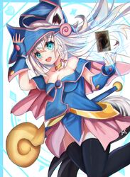  absurdres ahoge animal_ears black_thighhighs blue_dress blue_gloves blush braid breasts card cleavage collarbone commentary_request cosplay dark_magician_girl dark_magician_girl_(cosplay) dress female fingerless_gloves floating_hair fox_ears fox_girl fox_tail gloves green_eyes hair_between_eyes hand_on_headwear hand_up hat highres hololive long_hair looking_at_viewer medium_breasts open_mouth shirakami_fubuki sidelocks single_braid smile solo soma443 sparkle staff tail thighhighs virtual_youtuber white_hair yu-gi-oh! 