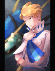  1boy ascot blonde_hair blue_ascot blue_eyes blurry clawitzer commentary_request hand_up high_collar highres kikuyoshi_(tracco) long_sleeves male_focus parted_lips pokemon pokemon_(creature) pokemon_xy shirt short_hair siebold_(pokemon) thinking white_shirt 