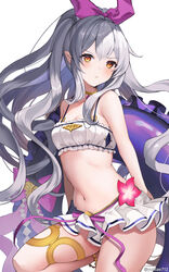  absurdres bandeau bare_shoulders bikini bikini_skirt blush breasts choker cleavage closed_mouth commentary female flower frown granblue_fantasy grey_hair hair_between_eyes highres innertube long_hair looking_at_viewer medusa_(shingeki_no_bahamut) medusa_(summer)_(granblue_fantasy) navel pointy_ears sidelocks simple_background small_breasts solo stomach swim_ring swimsuit twitter_username white_background white_bikini yellow_eyes yuntae 