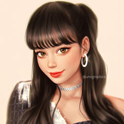  blackpink brown_eyes brown_hair choker earrings female hoop_earrings jewelry k-pop light_brown_background lips lipstick lisa_(blackpink) long_hair looking_at_viewer makeup portrait real_life smile solo umigraphics 