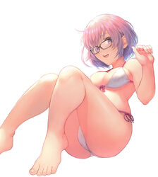  bare_shoulders barefoot bikini blush breasts cleavage fate/grand_order fate_(series) feet female glasses hair_over_one_eye highres large_breasts legs light_purple_hair looking_at_viewer mash_kyrielight mash_kyrielight_(swimsuit_of_perpetual_summer) official_alternate_costume open_mouth otsukemono purple_eyes smile solo swimsuit toes white_bikini 