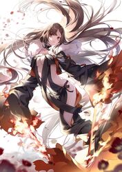  breasts brown_hair commentary_request dual_wielding e_(h798602056) fate/grand_order fate_(series) female fire flaming_sword flaming_weapon fur_collar holding long_hair medium_breasts navel petals solo very_long_hair wide_sleeves yu_mei-ren_(fate) 