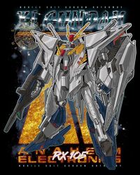  character_name clenched_hand copyright_name green_eyes gun gundam gundam_hathaway&#039;s_flash holding holding_gun holding_weapon mecha mobile_suit no_humans robot science_fiction shield solo standing stunning_warrior v-fin weapon xi_gundam 