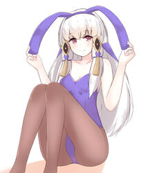  animal_ears blue_leotard chirun0 closed_mouth commentary english_commentary fake_animal_ears feet_out_of_frame female fire_emblem fire_emblem:_three_houses hair_ornament knees_up leotard long_hair looking_at_viewer lysithea_von_ordelia pantyhose pink_eyes playboy_bunny rabbit_ears sidelocks simple_background sitting smile solo white_background white_hair 